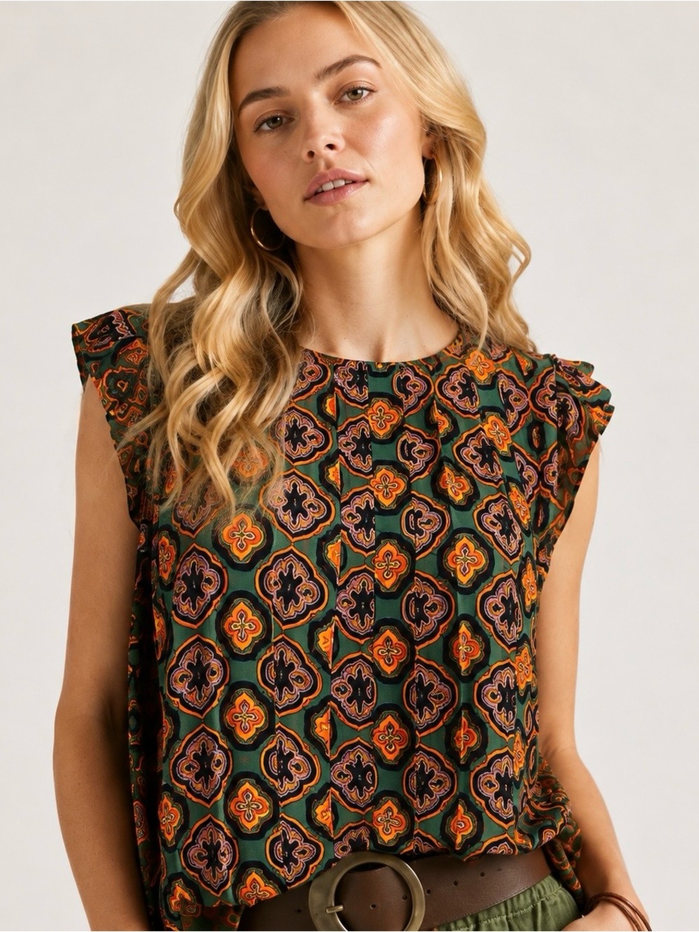 Women’s DR2 Geometric Print Pleated Lined Blouse Keyhole Back Ruffle Sleeve Sz S